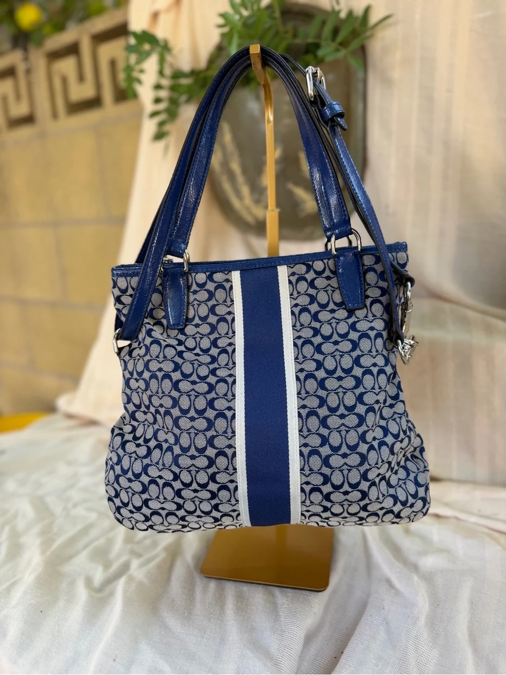 Coach Blue and White Signature Stripe Shoulder Bag